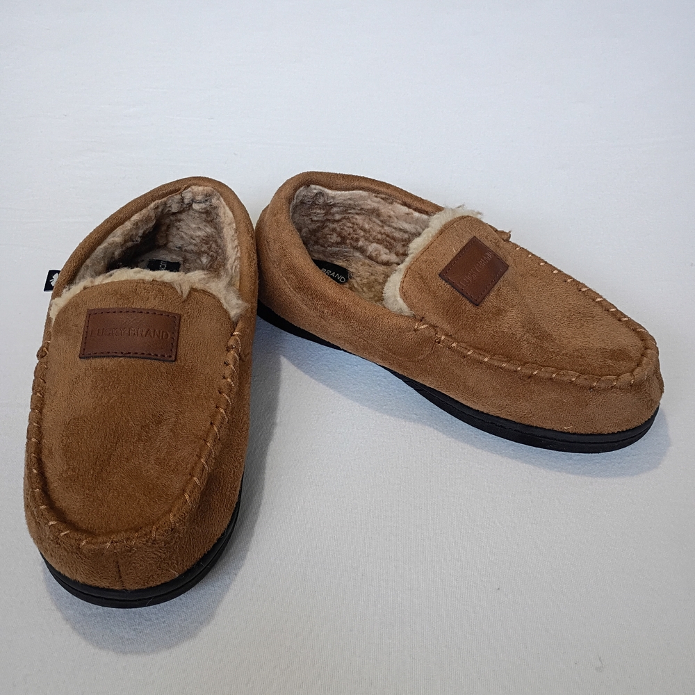 Lucky Brand Boys Tan Suede Moccasin Slippers Size 6 Faux Fur Lined Brown Cozy
